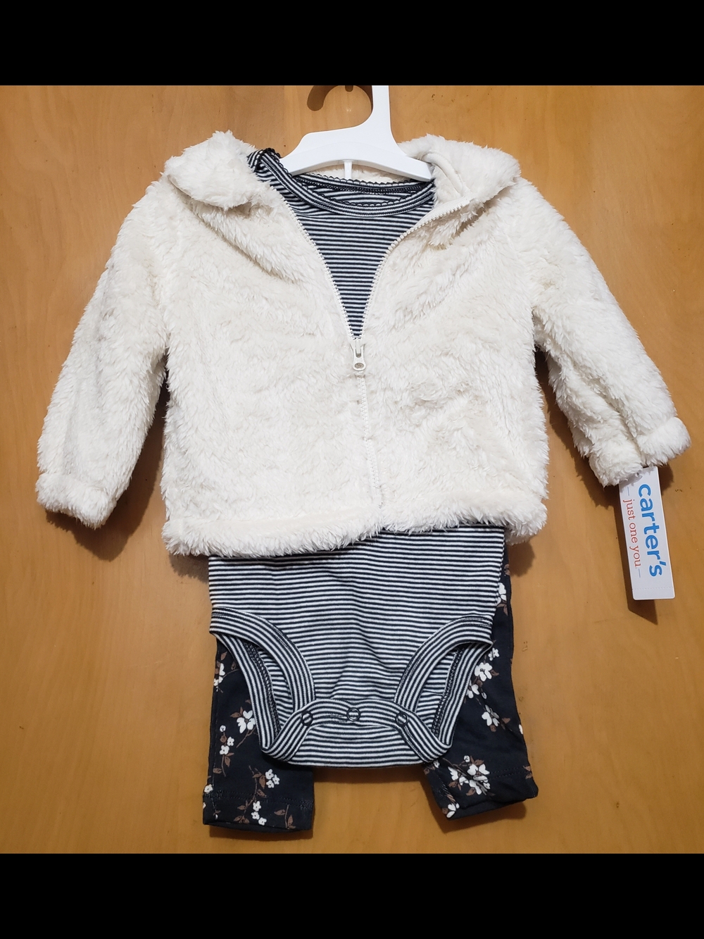 Carter's Cream Fur Hooded Jacket with Navy Floral and Striped Bodysuit
